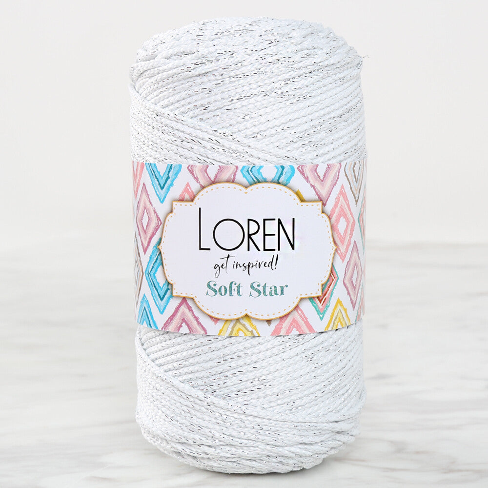 Loren Soft Star Makrome İpi Gümüş Simli Beyaz RM102